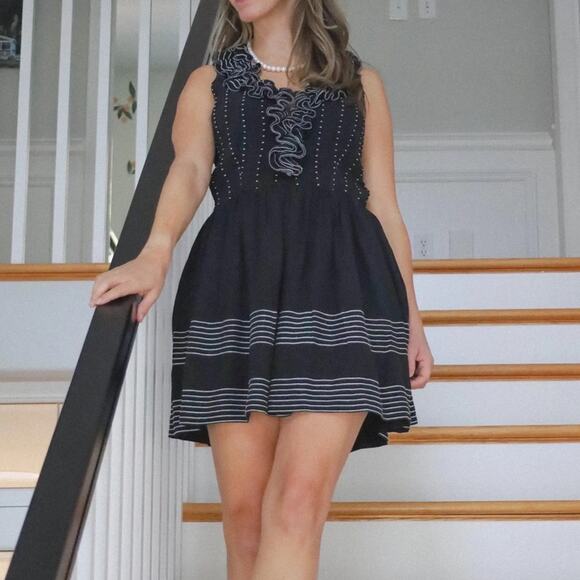 Kate Spade Black 100% Silk Dress with Ruffle Neckline and White Stitching - Picture 1 of 7